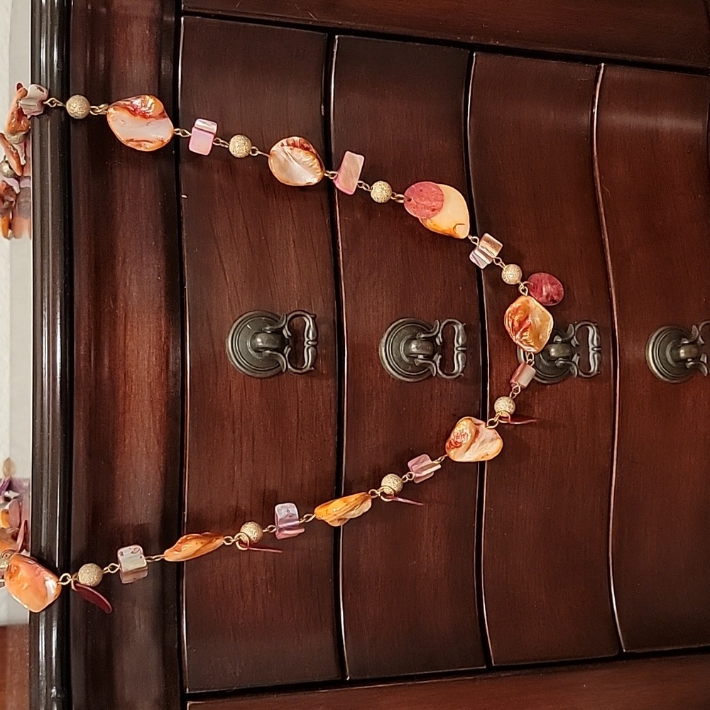 Handmade Jewelry Set Orange, Pink, Gold , Red. Long necklace with extender chain